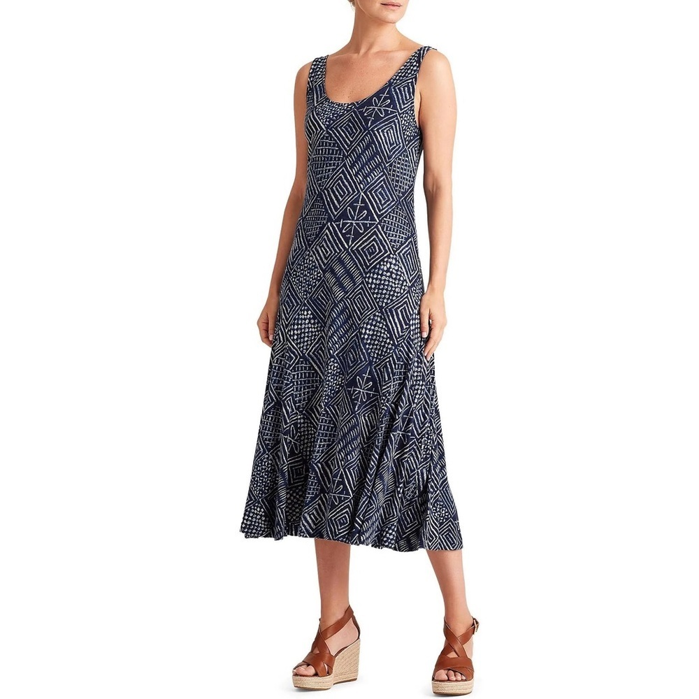 Lauren Ralph Lauren Linen Blend Sleeveless Midi Dress‎ Navy Geometric Size L